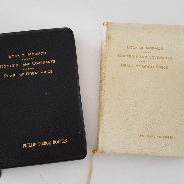 Vintage circa 1959 His & Hers The Book of Mormon, Doctrine and Covenants, Pearl of Great Price, black and white embossed names