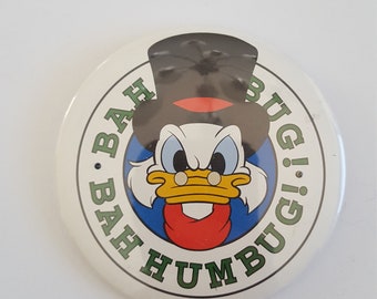 Vintage circa 1990's Walt Disney Productions Christmas button features Scrooge McDuck, used to light up, Bah Humbug