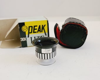 Vintage circa 1980's 30x pocket magnifier/loupe (lupe), Peak by Spi new old stock in box with leather case glass magnifying made in Japan