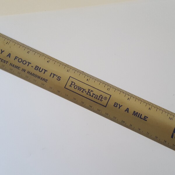 Vintage circa 1960's flexible steel ruler advertising Montgomery Ward  Powr-Kraft tools, hardware, Imperial and metric 12 inches