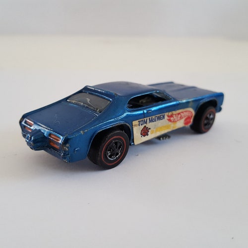 Vintage 1970/71 Hot Wheels Redlines Tom shops McEwen Mongoose funny car Plymouth Duster, blue good paint with worn stickers