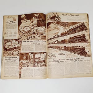 May include: A vintage magazine page featuring a doctor's kit and a toy train set. The doctor's kit includes a stethoscope, thermometer, and other medical supplies. The toy train set is a classic American Flyer model with a locomotive and several cars. The text on the page reads "Cure Sick Dolls with this Doctor-Nurse Kit" and "Famous American Flyer Scale Model Electrics".