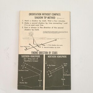 May include: A black and white illustration showing how to find direction using the shadow tip method and the stars. The illustration shows how to find east and west using the shadow tip method and how to find north using the Southern Cross and the North Star.