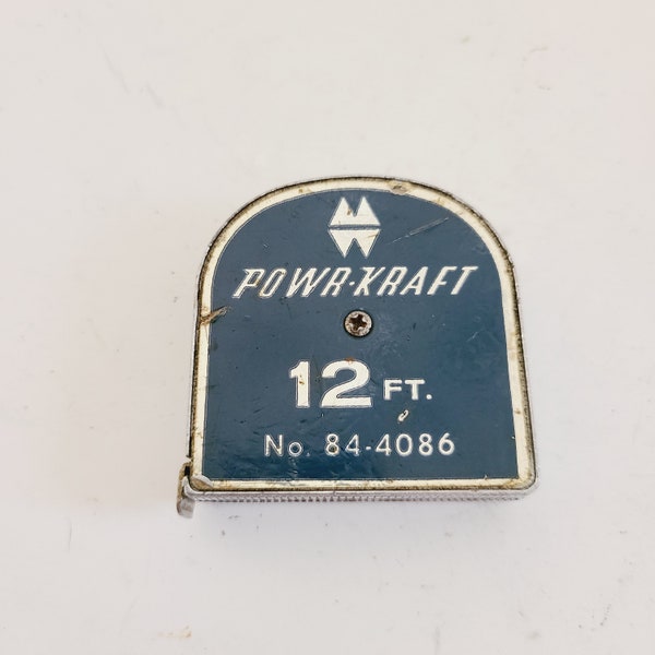 Vintage circa 1950's to 1960's Powr-Kraft (Montgomery Ward) No. 84-4086 12 ft tape measure, push/pull with some wear to white tape