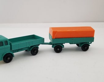 Vintage Matchbox Series No 1&2 Mercedes truck and trailer, Made in England by Lesney Good Condition, missing tonneau and cracked other