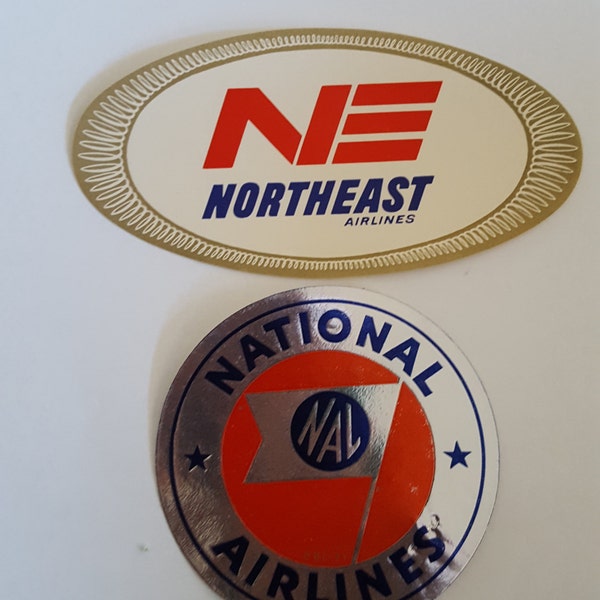 Vintage late 1950's gummed airline luggage stickers, NorthEast Airlines, National Airlines