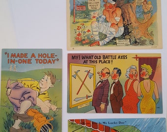 Vintage lot of 4 circa 1940's to 1950's novelty postcards, cartoons old stock with some wear or posting