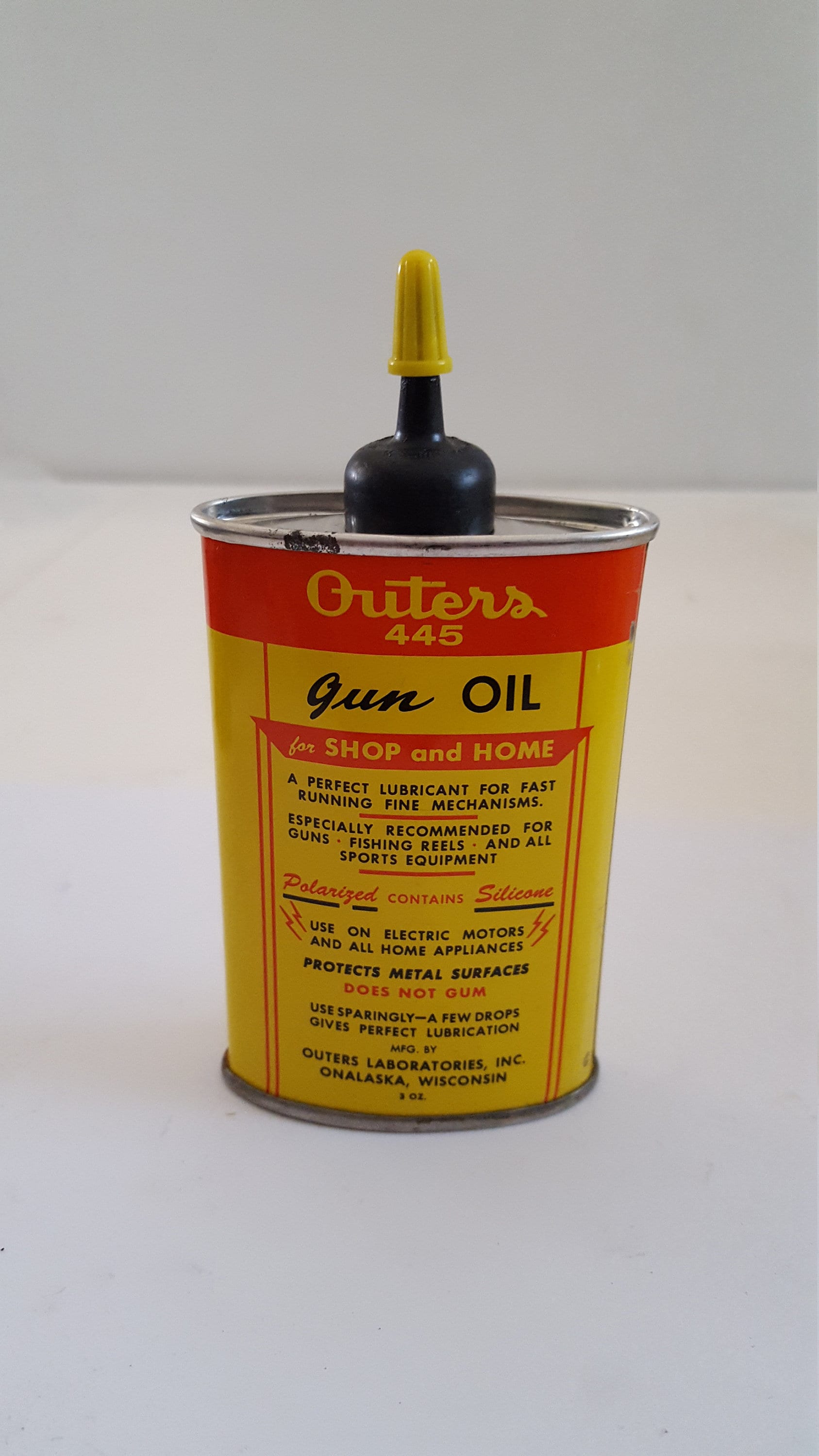 Vintage Circa 1960's outers 445 Gun Oil Can, Plastic Spout in