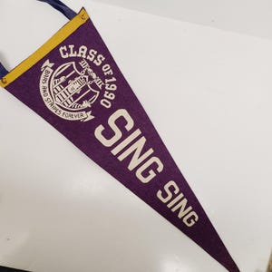 May include: A purple felt pennant with the words "SING SING" in white block letters. The pennant has a gold border and a blue ribbon for hanging. The top of the pennant reads "CLASS OF 1990" and features a crest with the words "BARS AND STRIPES FOREVER".