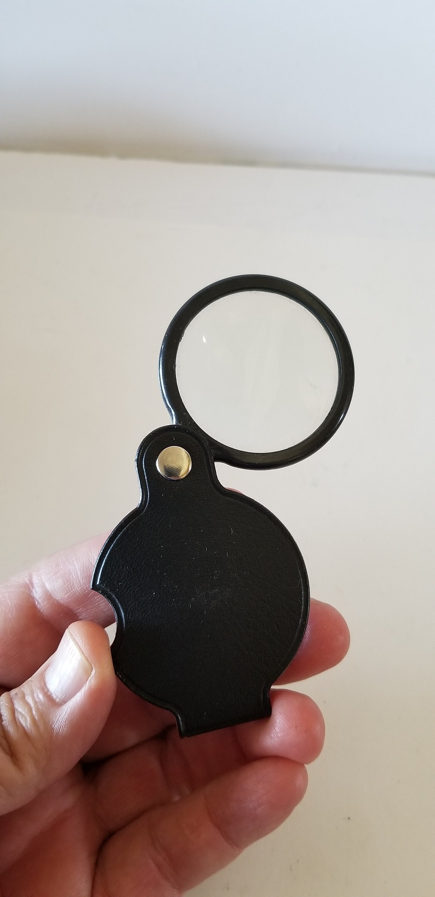 Vintage 1980's Pocket Magnifying Glass, Black Plastic Covered Case