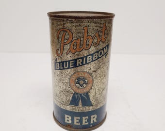 Vintage circa 1940 Pabst Blue Ribbon flat top empty beer can, no bottom, as found