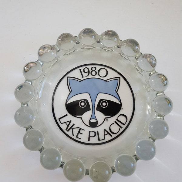 Vintage 1980 heavy duty ashtray Lake Placid Winter Olympics XIII Roni Raccoon nice condition 7 1/2"
