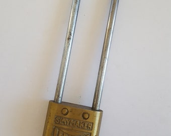 Vintage Slaymaker brass long shackle bicycle padlock with key, 1950's security, Locksmith, collectible locks and keys