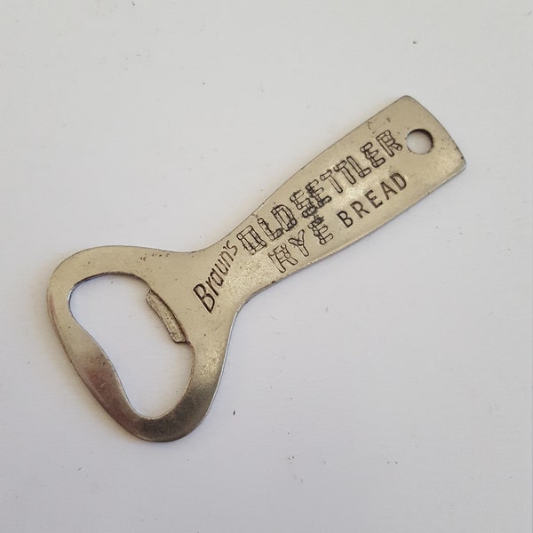 Vintage circa 1950's scarce advertising bottle opener Braun's Old Settler Rye Bread "Thin Sliced for Sandwiches"