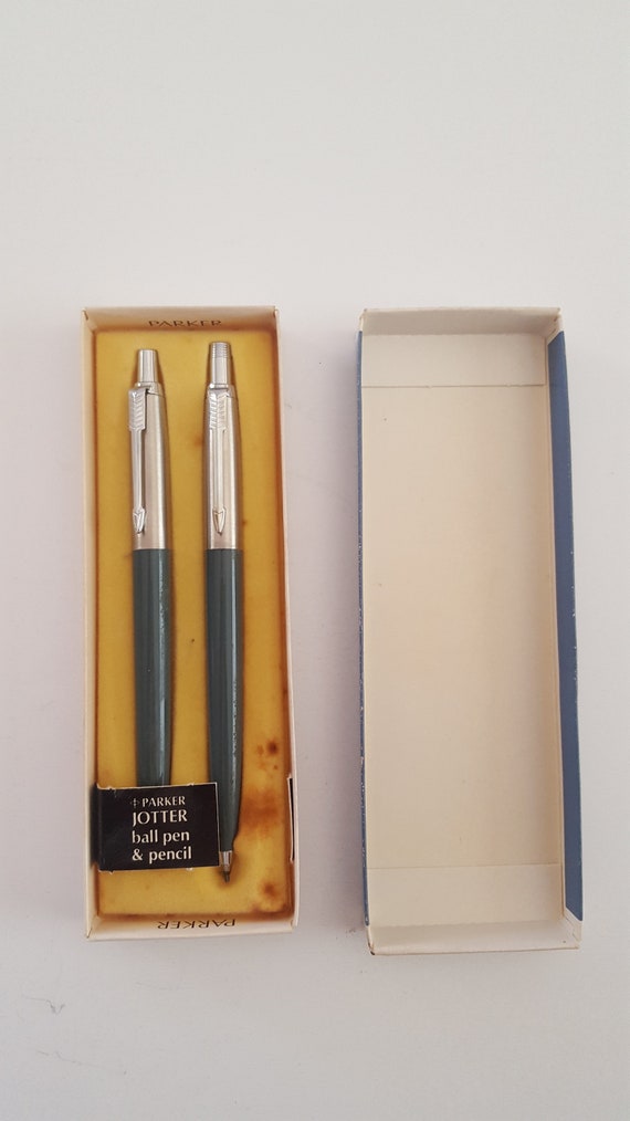 Vintage 1970 Parker Jotter Set Ballpoint Pen, Mechanical Pencil Medium Gray  Stainless Cap With Clip and Band, Original Box 