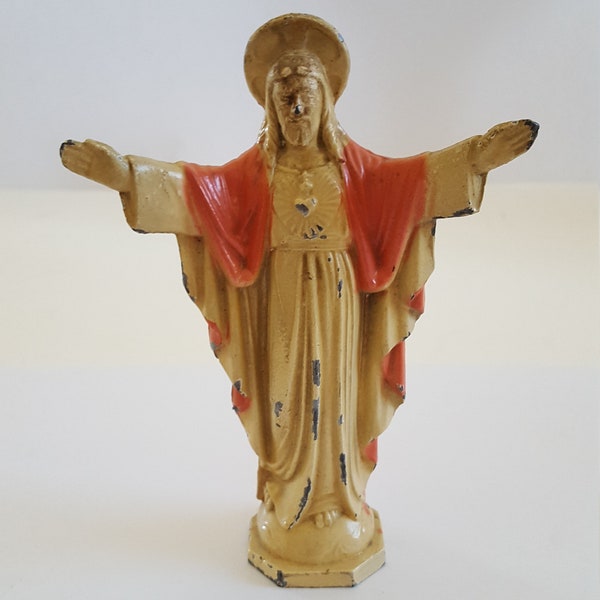 Vintage 1950's chippy Catholic religious statue of Jesus,Sacred Heart hollow ware metal, Savior throwing arms wide Come at Me Bro