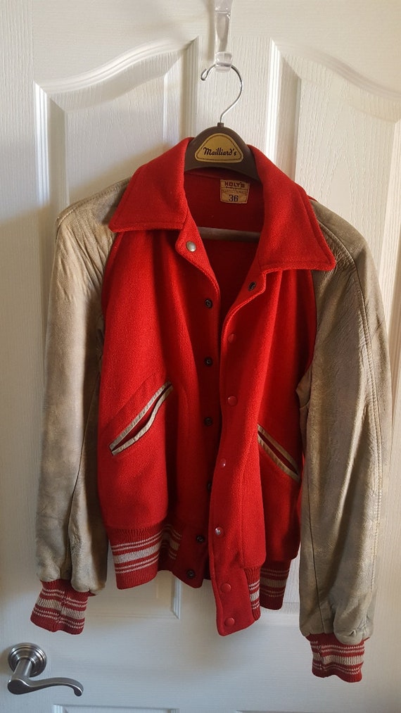 Vintage 1950's red,silver Letterman wool jacket, l