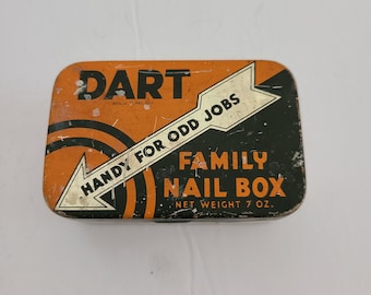 Vintage circa 1950's tin box Dart Family Nail Box, American Steel & Wire Company empty