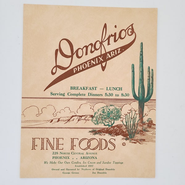 Vintage circa late 1940's to 1950's menu from Donofrio's Restaurant in Phoenix, Arizona famous for their cactus candy