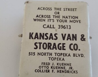 Vintage 1950's or 60's advertising hanging clip, Kansas Van & Storage Co. Topeka, KS Fred J. Kuehne