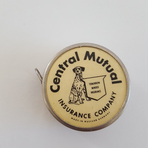 Vintage circa 1945-1949 advertising cloth retractable tape measure Central Mutual Insurance Fixtures 48" steel tape 40" Western Zone Germany