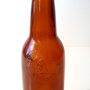 Vintage Iroquois Brewing Co. beer bottle, long neck, Buffalo NY 1940&#39;s-50&#39;s Amber color,  Indian Head