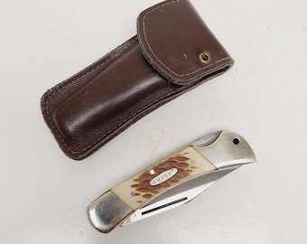 Vintage circa 1980's discontinued Sharp No 900 Made in Japan 440 stainless steel very sharp lockback with faux stag scales nickel bolsters