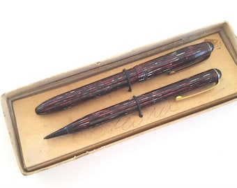 Vintage Venus Autograph Fountain Pen and Pencil Set: Striated Design