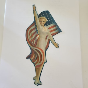 Vintage circa 1942 die cut pin up girl by Billy DeVorss, &quot;Patriot Girl&quot; features blonde Nurse, 48 star Old Glory giving Victory sign