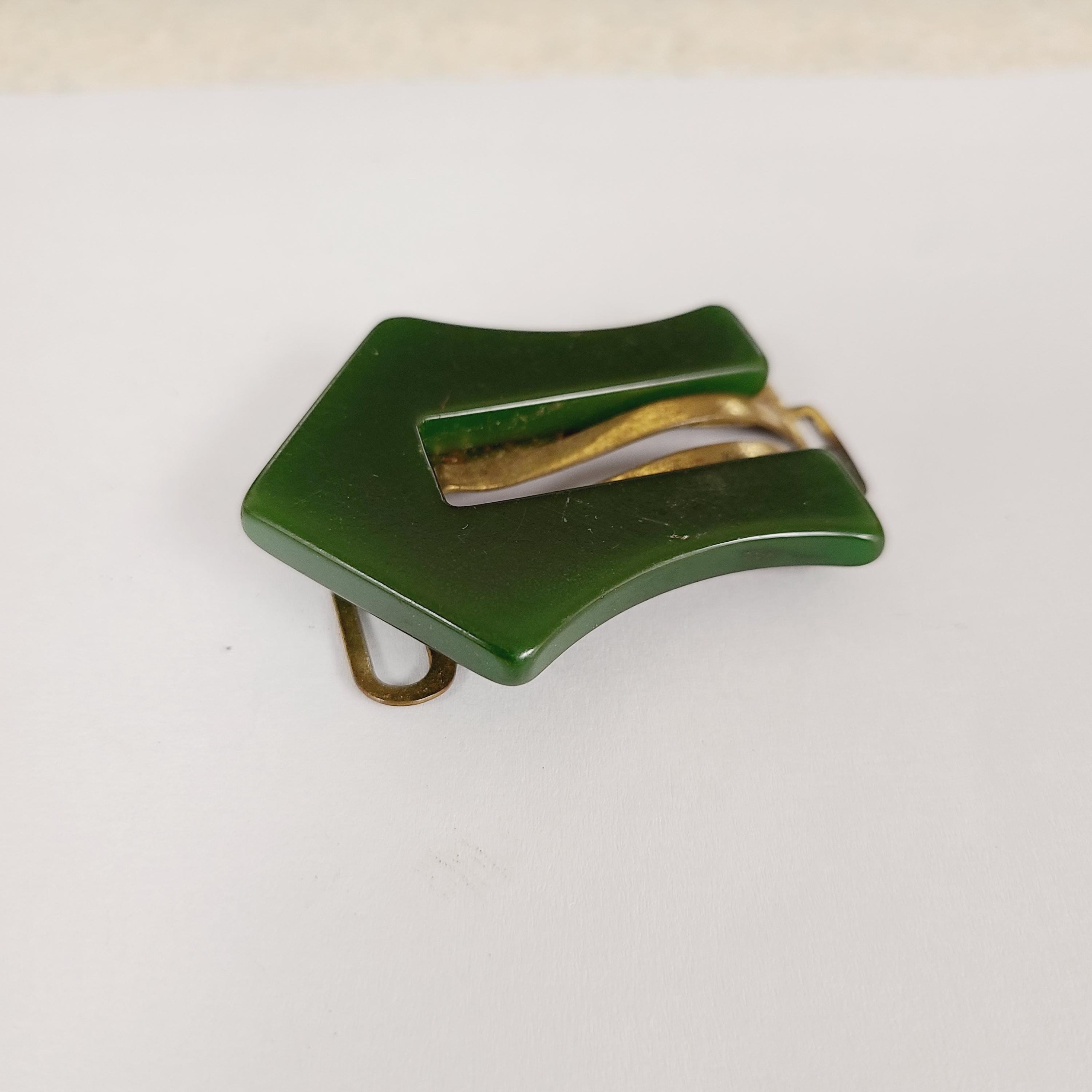 VINTAGE 40s/ 50s TESTED BAKELITE HUGE BOW BELT BUCKLE CARVED OLIVE GREEN RARE Vintage 1940 main image 2