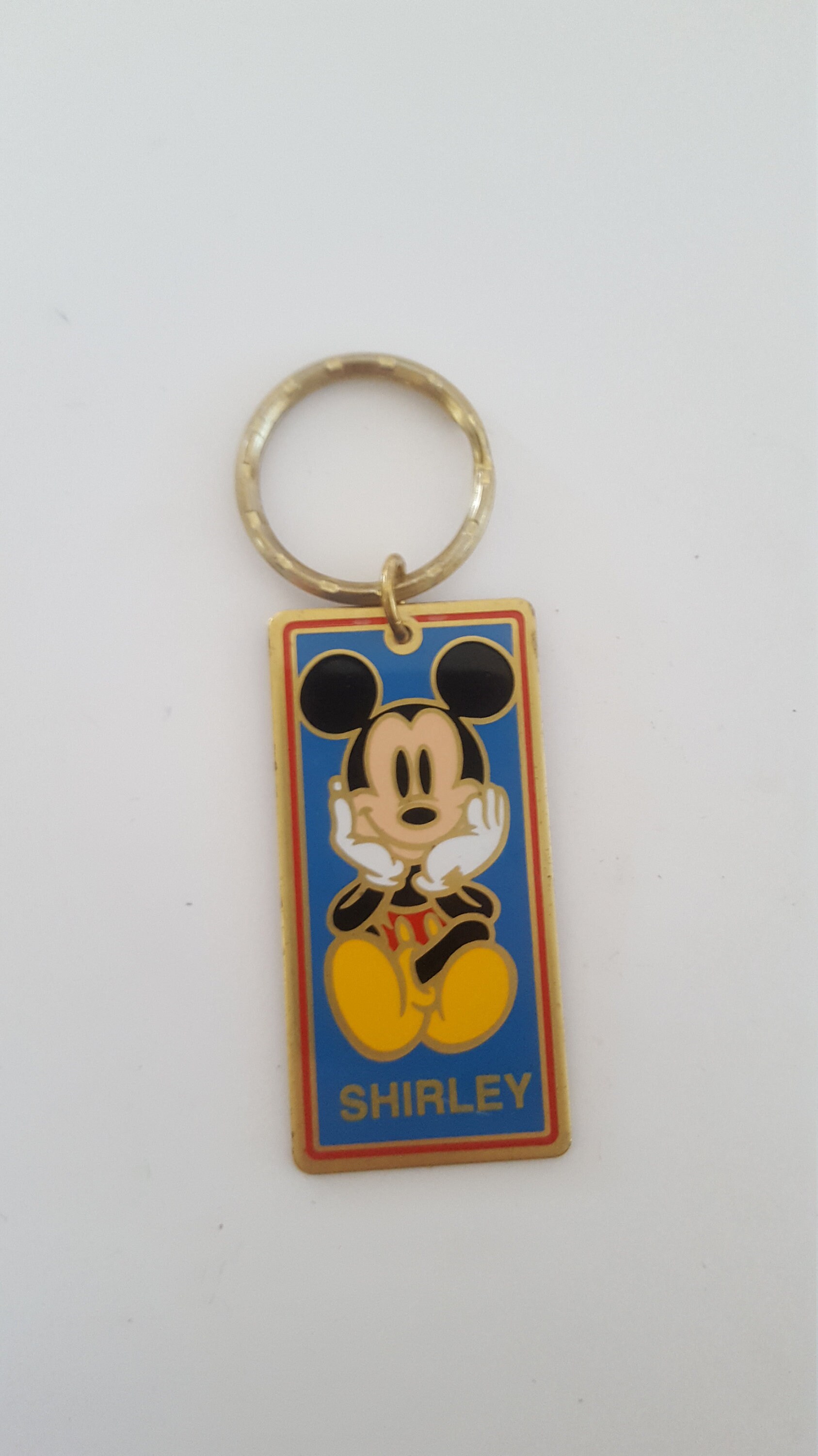 Vintage Walt Disney World brass Mickey Mouse keyring Shirley some wear.