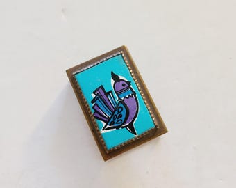 Vintage 1960's matchbox, brass with tile chicken/bird design, Unsigned good condition