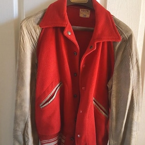 Vintage 1950&#39;s red,silver Letterman wool jacket, leather sleeves, size 36 from Holt&#39;s Sporting Goods in Waco and Houston, nice condition