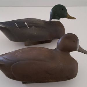 Vintage pair of Plasti-Duk inflatable duck decoys, one mallard one hen, hold air, Duck Season, hunting item