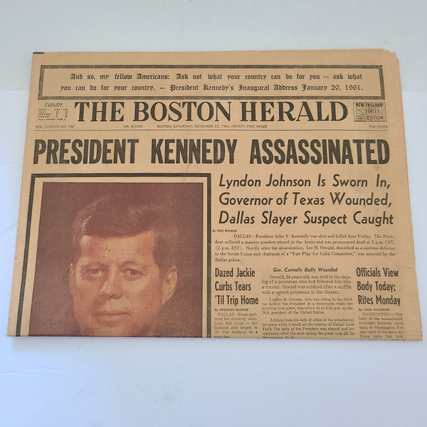 Vintage November 23,1963 The Boston Herald newspaper Kennedy Assassination headline excellent condition