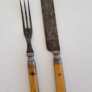 Antique circa 1900&#39;s J.Russell & Co Green River Works butter knife and 3 tine fork, stiff blade, bone handles full tang beauty