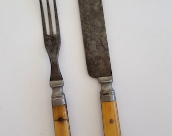 Antique circa 1900's J.Russell & Co Green River Works butter knife and 3 tine fork, stiff blade, bone handles full tang beauty