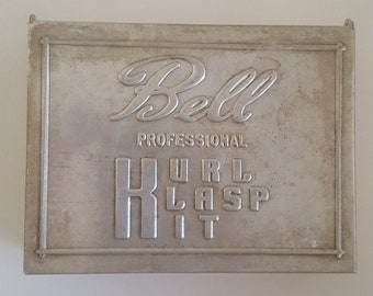 Vintage 1930 Bell Professional Kurl Klasp Kit aluminum embossed box with associated pins, Nestle Bob pins plastic box