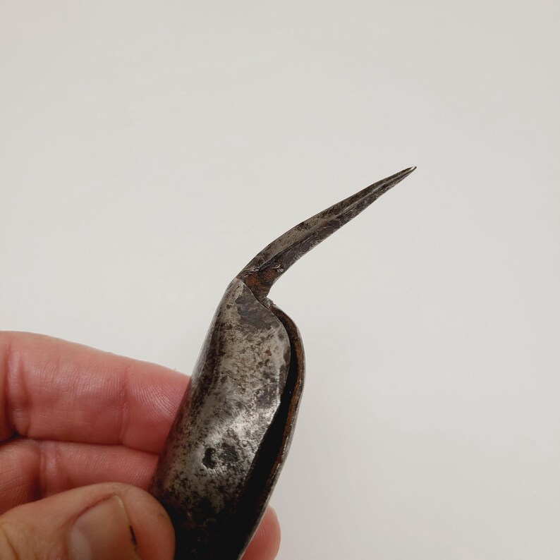 May include: Close-up of a vintage, curved metal tool with a sharp, pointed end. The tool has a dark, aged appearance, suggesting it is antique. The metal has a textured surface and shows signs of wear.