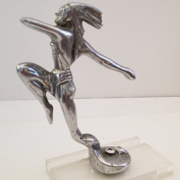 Vintage car chrome hood ornament Native American in headdress mounted on Plexiglas base, aftermarket 1930's- 50's Art Deco