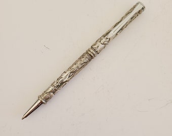 Vintage c1980's beautifully decorated dogs and puppies ballpoint pen, possibly Sterling Silver but not marked except Taiwan on top of clip