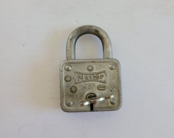 Vintage 1960's light duty padlock No. 55 Master Lock Co. steel body and shackle, one key.