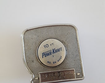 Vintage circa 1950's to 1960's Powr-Kraft (Montgomery Ward) No. 84-4097 10 ft tape measure, push button retractable