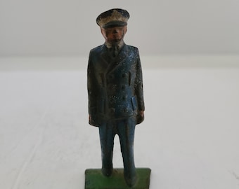 Vintage 1930's Grey Iron toy sailor U.S. Navy officer, cast iron No. 68 sailor marching, blue chippy paint