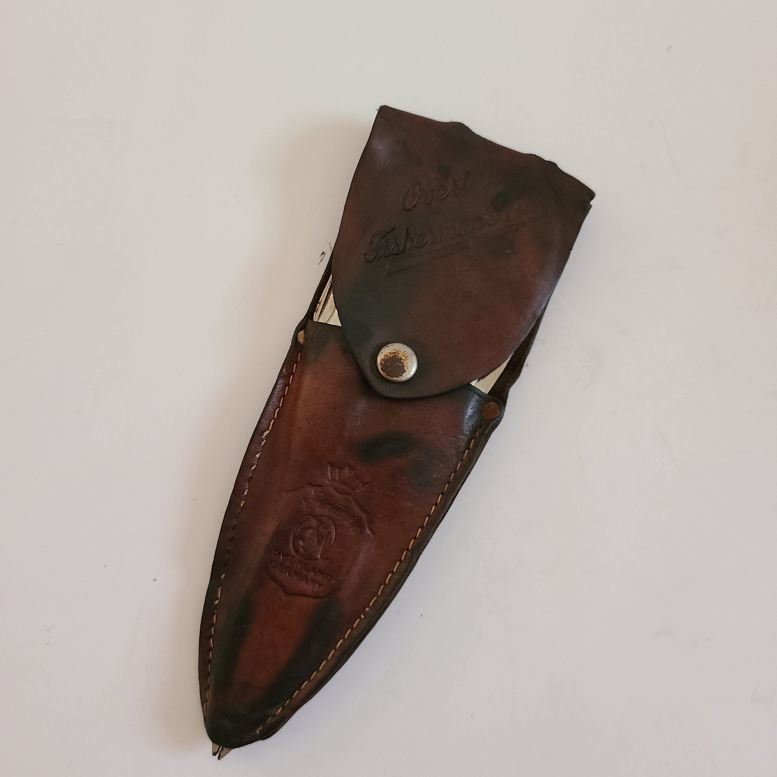 Vintage 1951-1953 Fred Mac Overland Fisherman's Friend, Multi-tool Original  Embossed Leather Belt Pouch, Nickel Plated Great Condition 