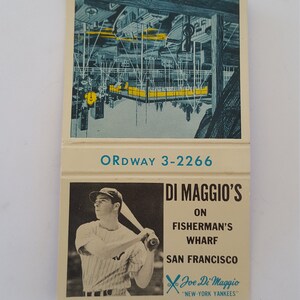 Vintage circa 1950&#39;s matchbook cover &quot;DiMaggio&#39;s on Fisherman&#39;s Wharf San Francisco&quot; cut striker