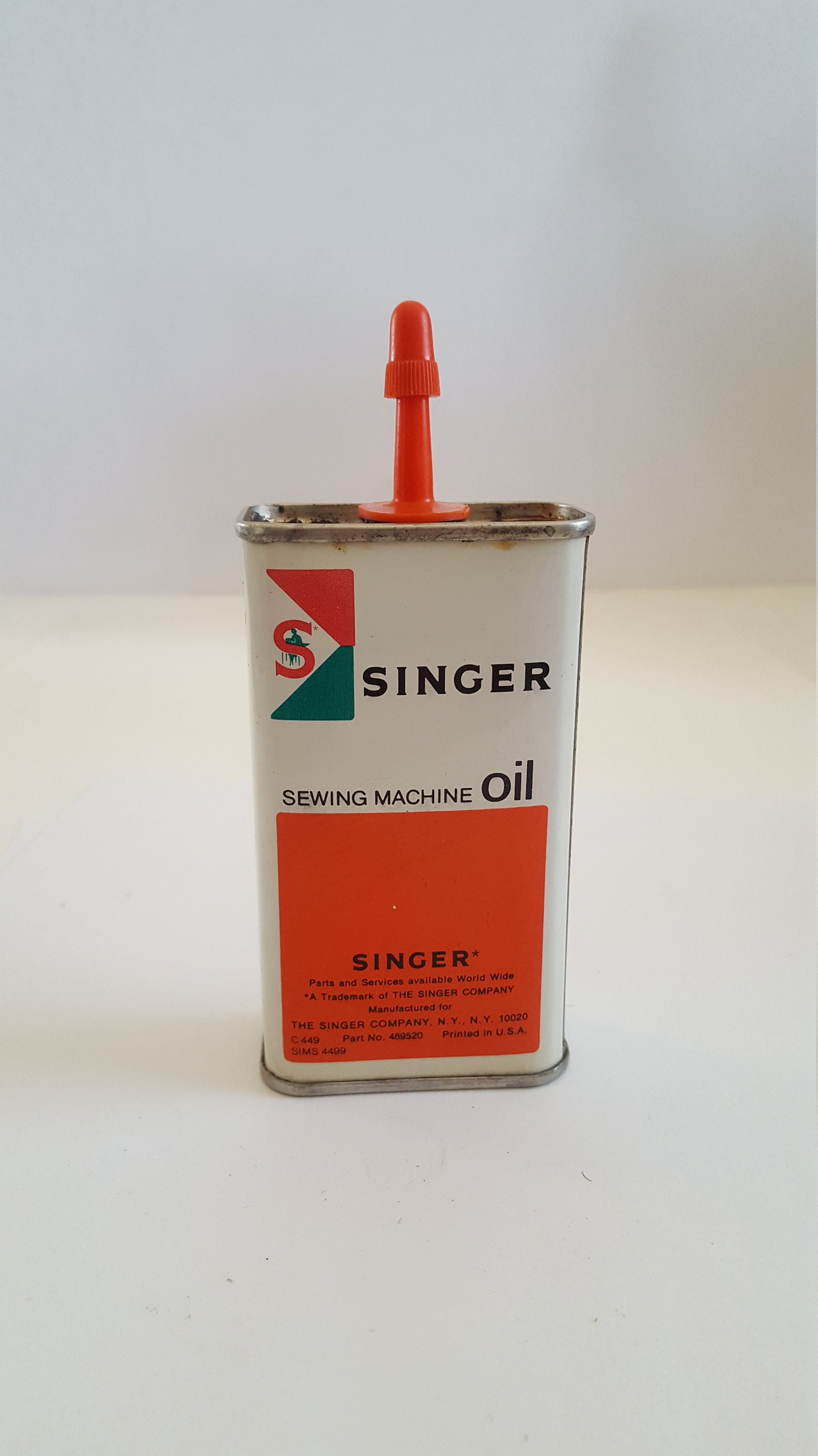 Red Green and White Vintage Singer Sewing Machine Oil Can