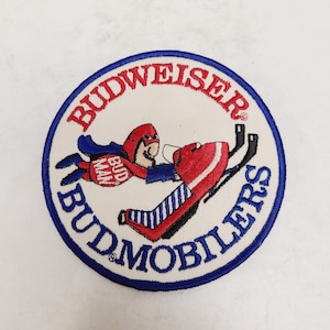 Vintage Budweiser Bud Man embroidered patch - 1960s Superhero Budmobilers