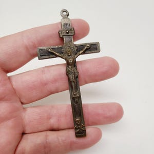 Antique Golgotha Crucifix, 1880&#39;s, all metal with ebony wood inlay, skull and cross bones, religious icon, Catholic item,  hang on rosary