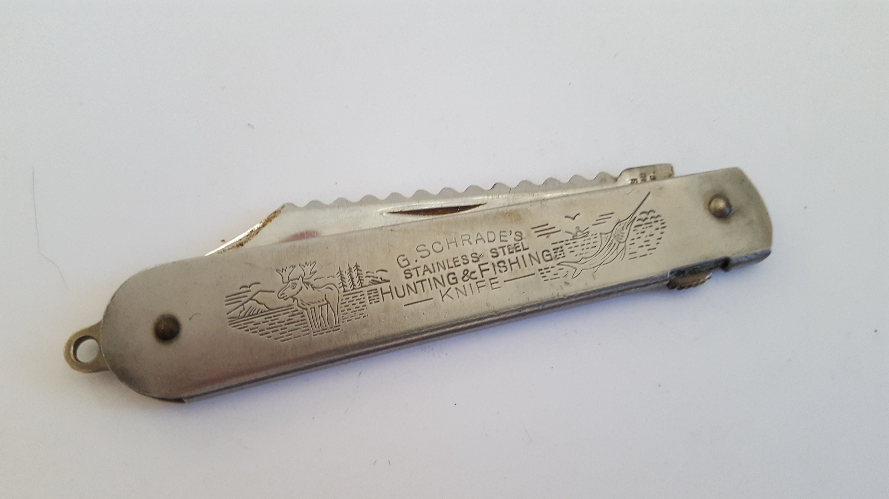 Vintage G. Schrade Stainless Steel Hunting and Fishing Knife, 1925-1946,  Bridgeport, Connecticut. Rare Collectible Knife With Locking Switch 